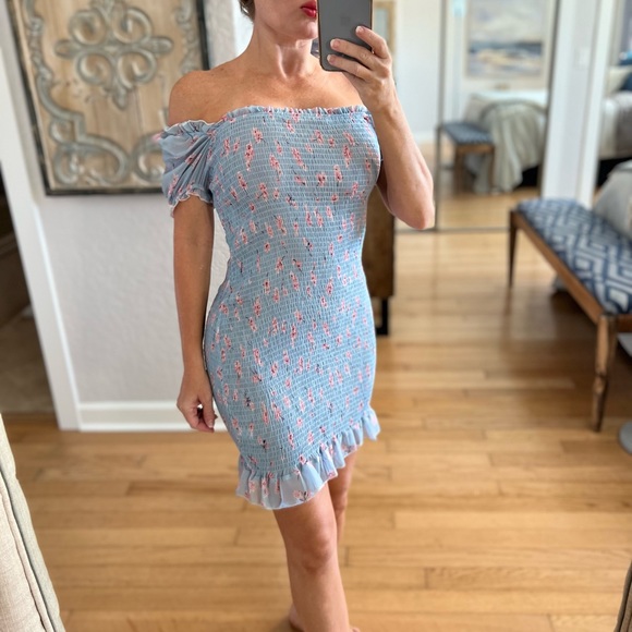 CBR Dresses & Skirts - NWT Love Sick the Label Blue Ruched Off Shoulder Floral Mini Dress